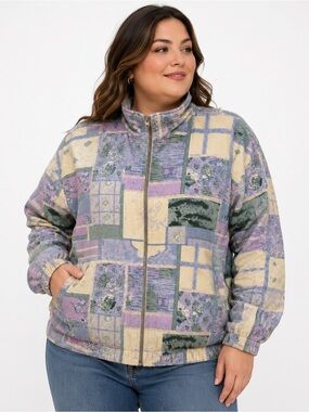Silk Posure 100% Silk Jacket Plus Size 2X Pastel Abstract Zip Front Lightweight